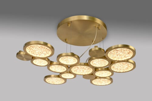 Magnificent Circular Chandelier with twelve textured glass and brass circles