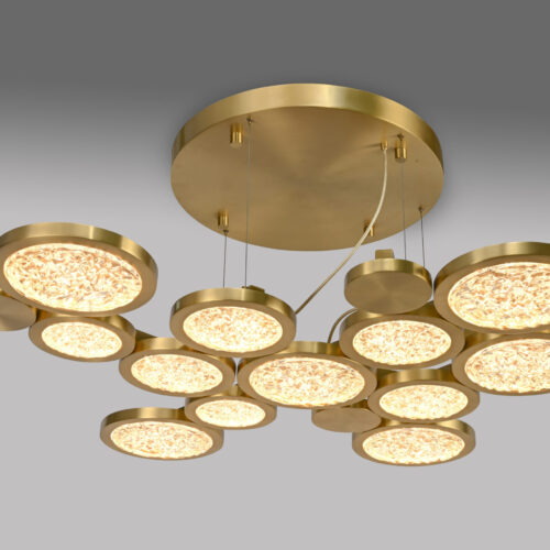 Magnificent Circular Chandelier with twelve textured glass and brass circles