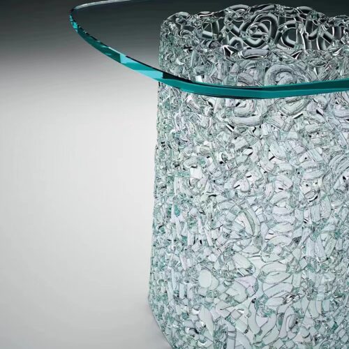 Stitch sofa table with a carbonate stitched base in a contemporary living room