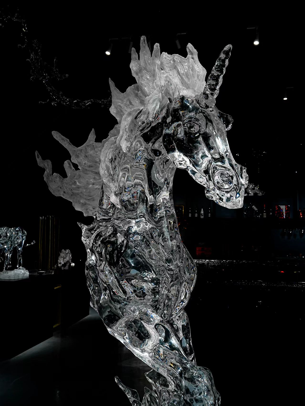 Crest Crystal Unicorn Sculpture 4 Crest Crystal Unicorn Sculpture showing its transparent body and flowing mane