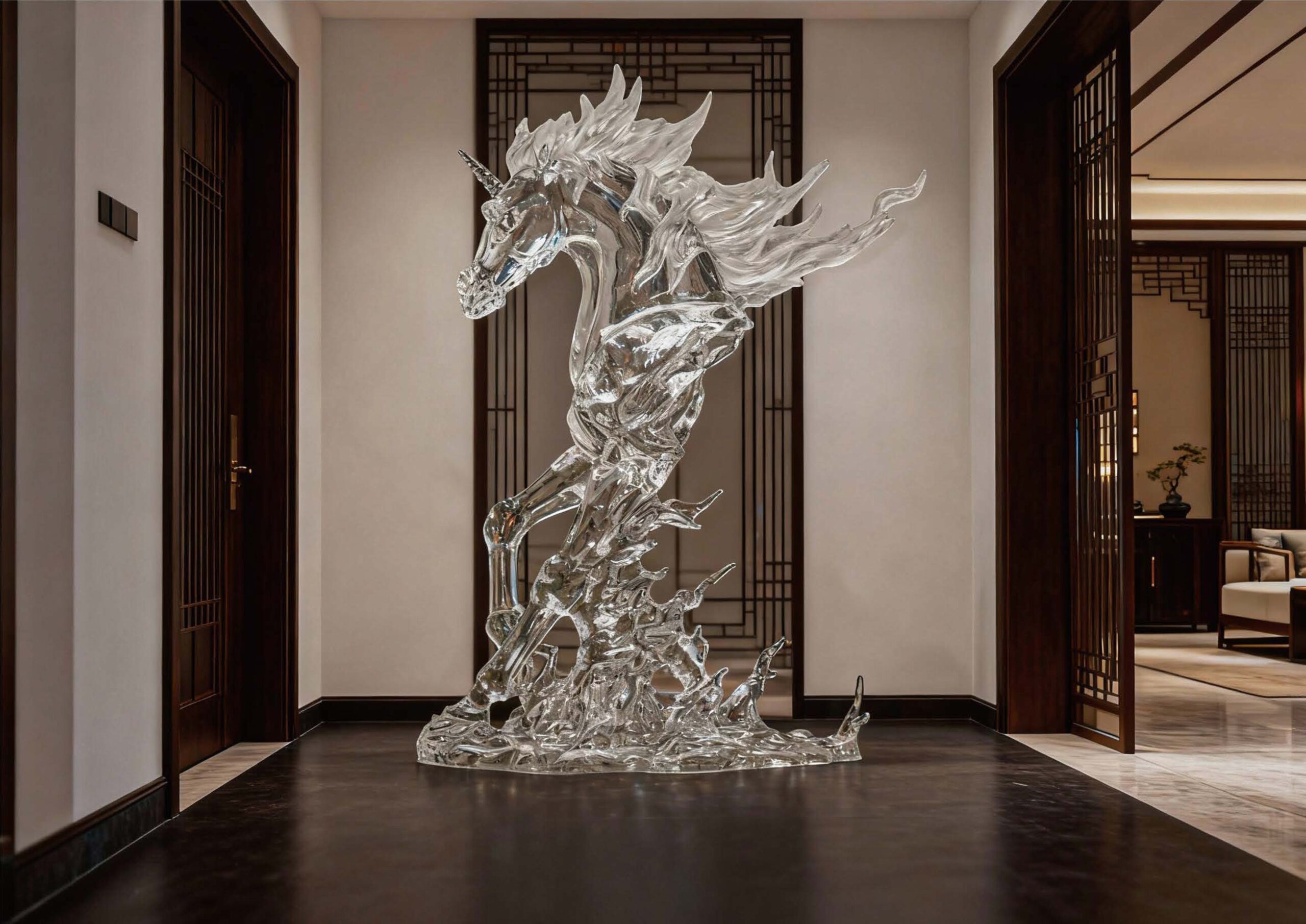 Crest Crystal Unicorn Sculpture Main Monumental crystal unicorn sculpture in a dynamic rearing pose