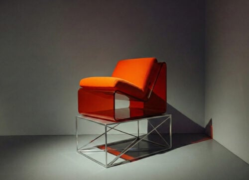Lucite Lounge Chair with transparent architectural form and fabric cushion