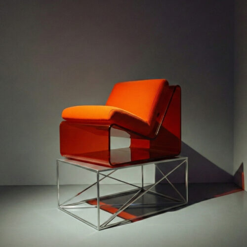 Lucite Lounge Chair with transparent architectural form and fabric cushion