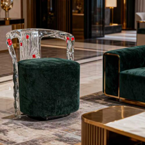 Petalia Bloom Chair featuring subtle crimson accents and floral-inspired form