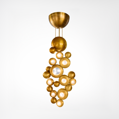 Vertical brass Bubble Chandelier featuring circular light apertures