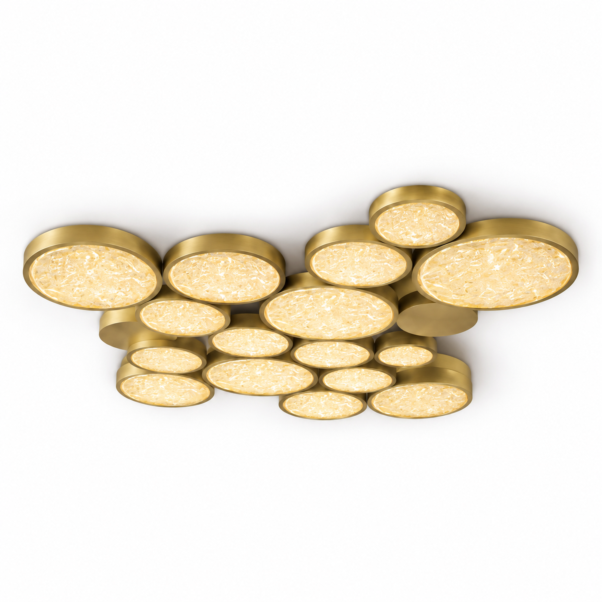 Circles Flush Mount featuring layered textured glass and brass circles